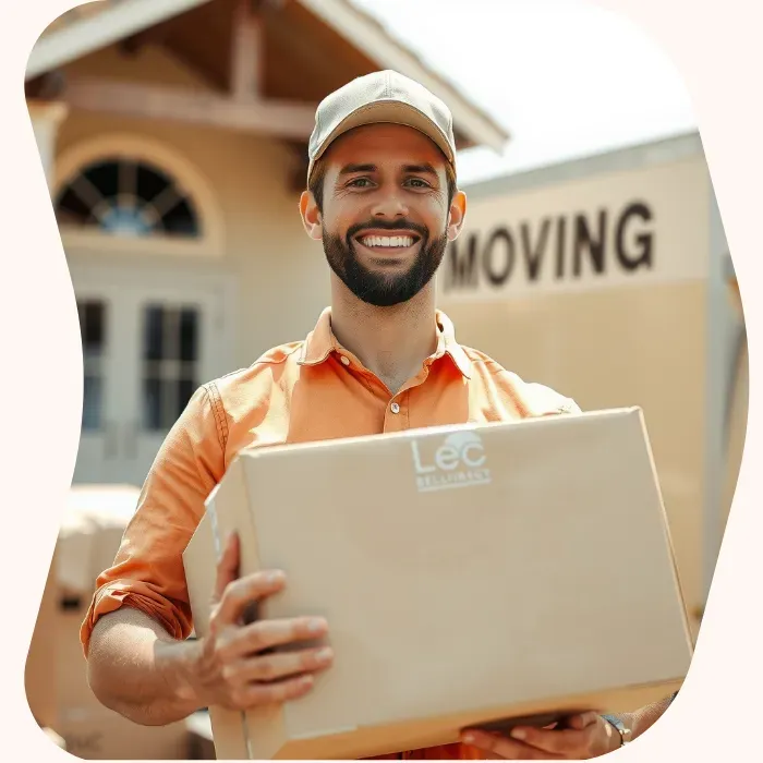 Two removalists moving boxes up stairs