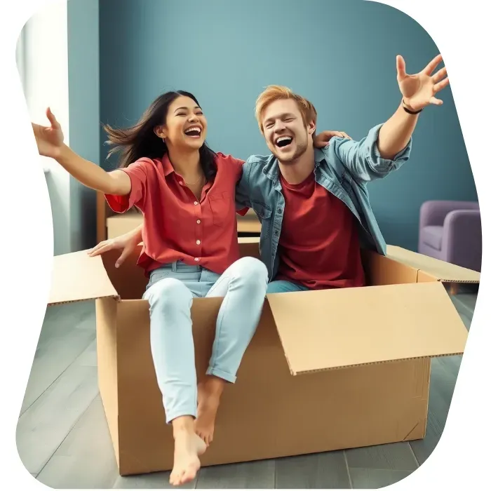 Two guys sitting on the floor of their apartment with Muval moving boxes
